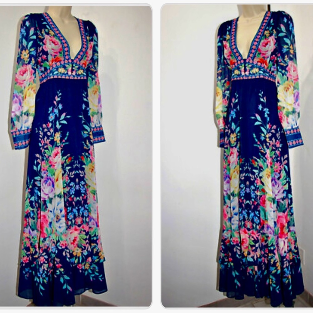 NEW Dalia MacPhee Maxi Dress Navy/Pink Floral Feminine Long Sleeve V-Neck Size M